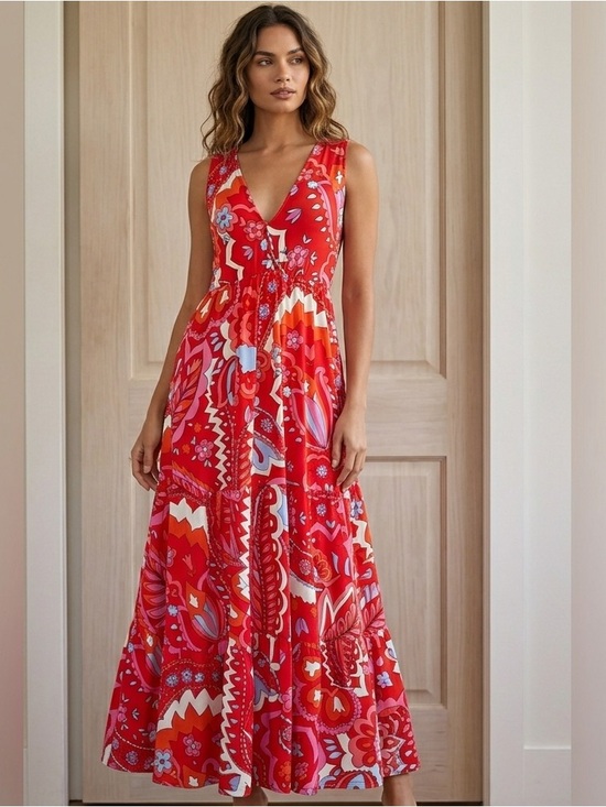 Boden Dresses & Skirts - Boden Sleeveless Paisley Jersey Maxi Dress Sylvia Flame Scarlet Tier Size 4